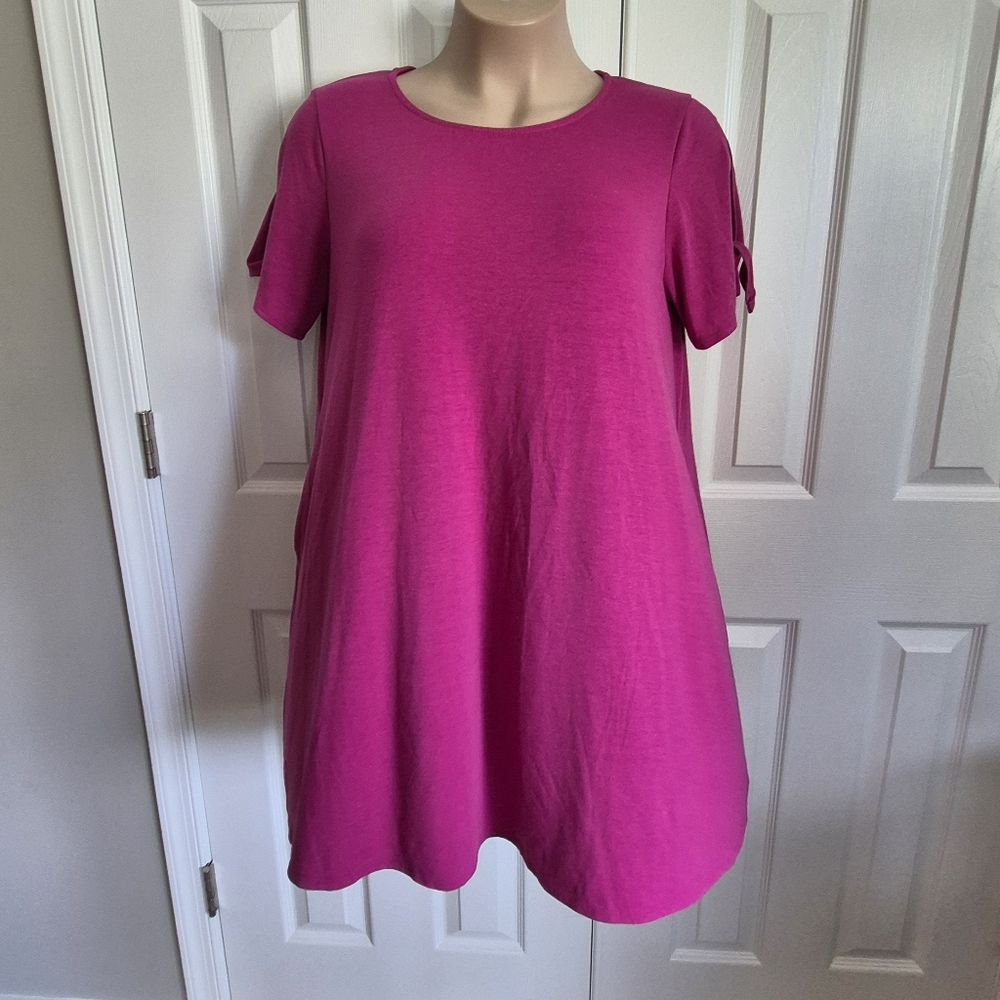 Bright Pink Cold Shoulder Tee Shirt Dress With Pockets Women's‎ Plus 2XL